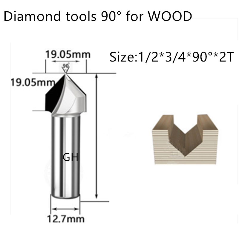 PCD wood cutter Diamond V Profile router bits for woodworking furniture 12.7*D19.05*90
