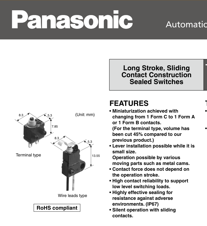 Panasonic Waterproof Microswitch ASQM16438 Normally Open Door Lock Switch 5