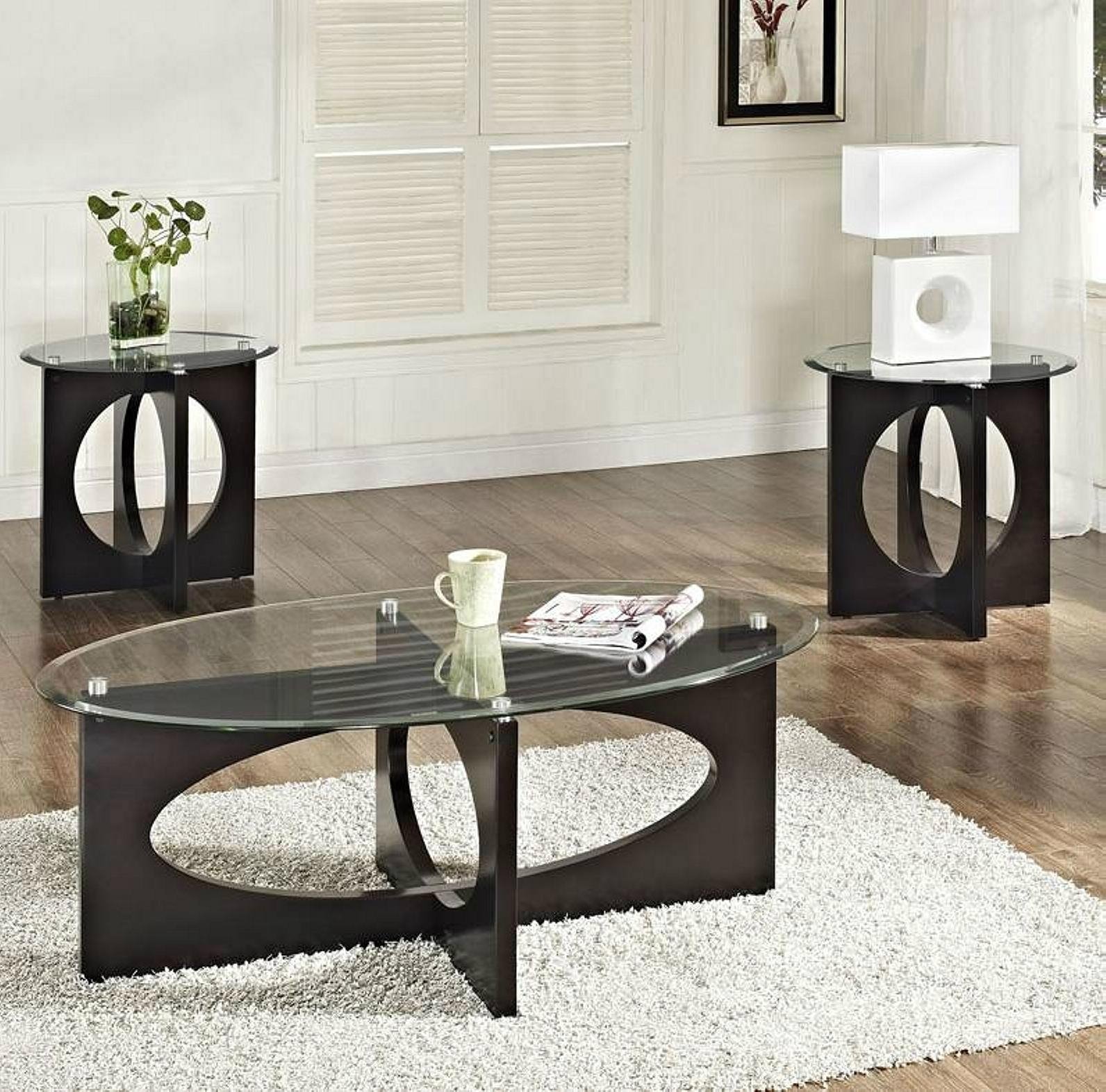 2PCS Wooden Hollow Core Oval And Round Black Glass Coffee Table 2