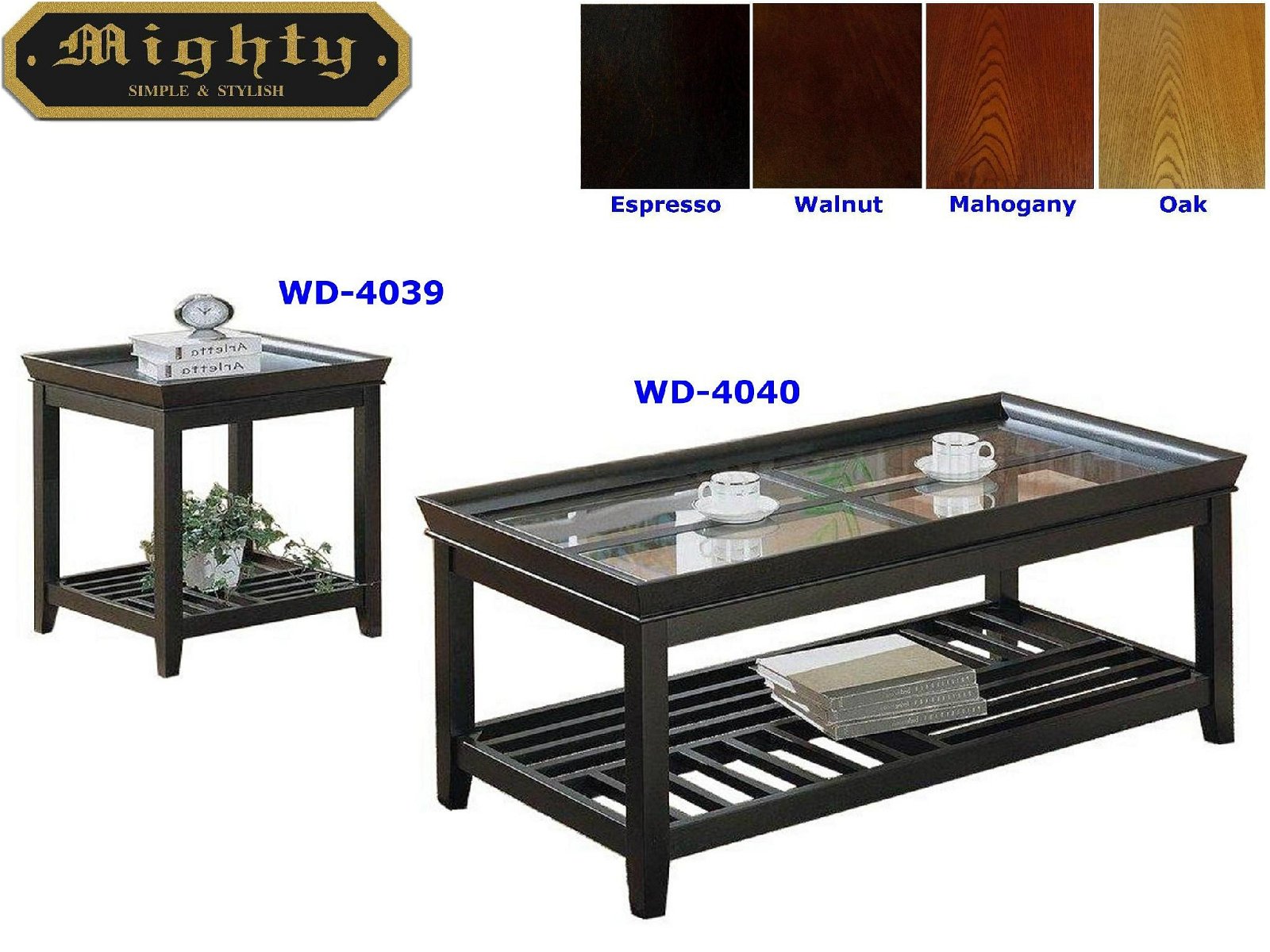 2PCS Wooden Tray Top Glass Espresso Coffee Table Sets