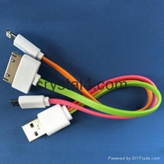 colorful flat 3 in 1 cable for iPhone 8 pin, Micro USB 5 pin, iPhone 30 pin