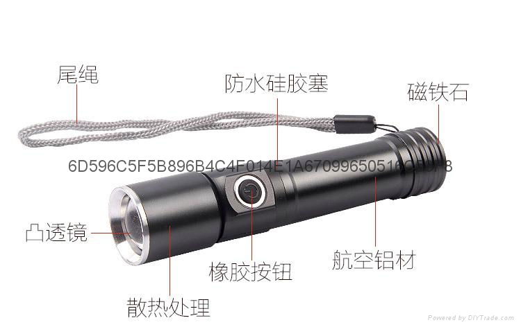 CREE XPE LED Zoom Torches Aluminium Alloy USB recharger Flashlight 3