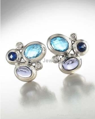 Blue Oval Mosaic Button Earrings