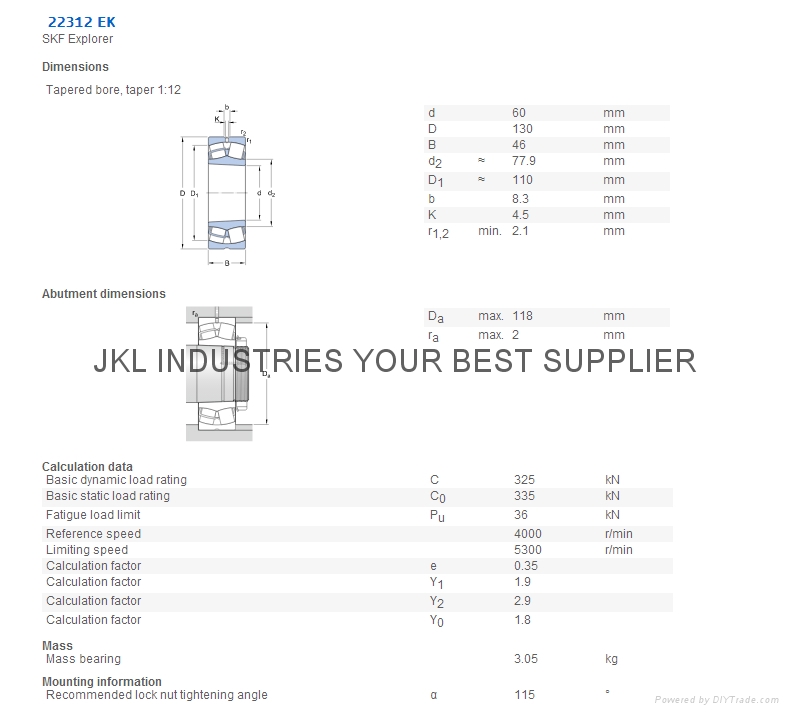 SKF 22312 CA/W33 Spherical roller bearing ETR ,JKL, SKF, FAG, INA , NSK, NTN , NACHI, TIMKE
