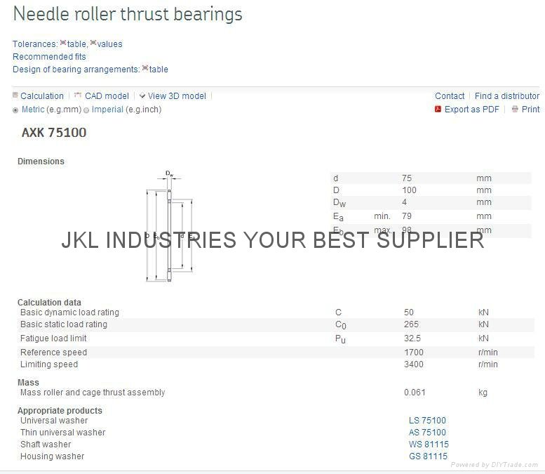 INA  AXK75100  Needle Roller Thrust Bearings 3