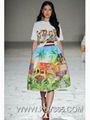 Vintage Women Floral Print Flared Skirt Fashion 2pcs Set Top and Skirt Set