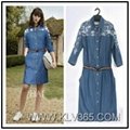 Women Fashion Half Sleeve Embroidery Belted Waist Casual Jeans Dress