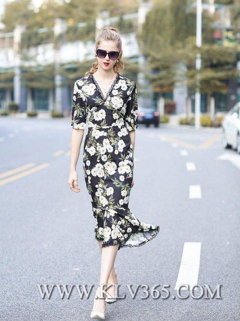 Wholesale Designer Women Lady Summer V Neck Sexy Mermaid Floral Long Maxi Dress 2