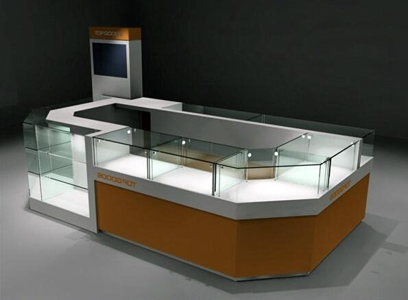 yellow color wooden mirrored display kiosk showcase  