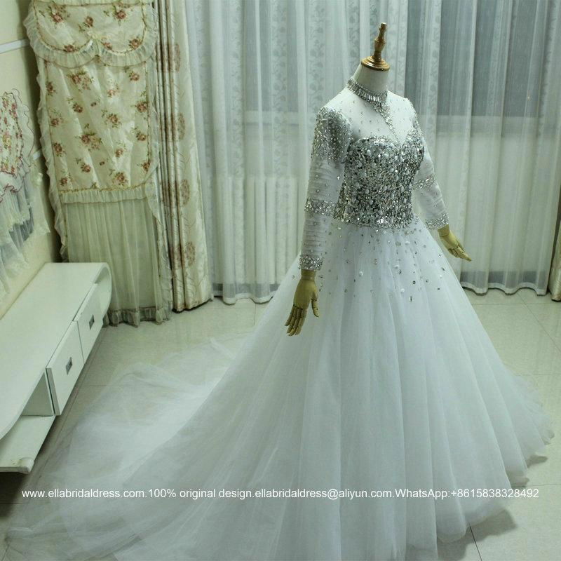 2016 New Full Sleeved Heavy Beaded Ball Gown Wedding Dress With Train G165 2