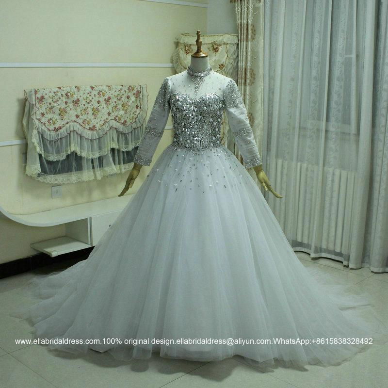 2016 New Full Sleeved Heavy Beaded Ball Gown Wedding Dress With Train G165