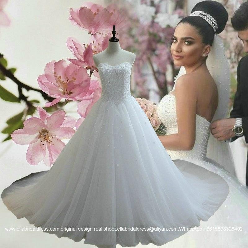 Luxury Sweetheart Strapless Lace Tulle Wedding Dress With Long Train G198