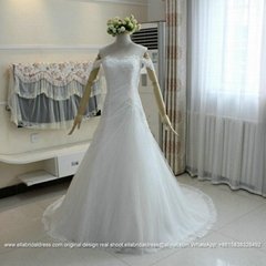 A Line Off Shoulder Soft Satin Lace Beach Wedding Dress With Train G216