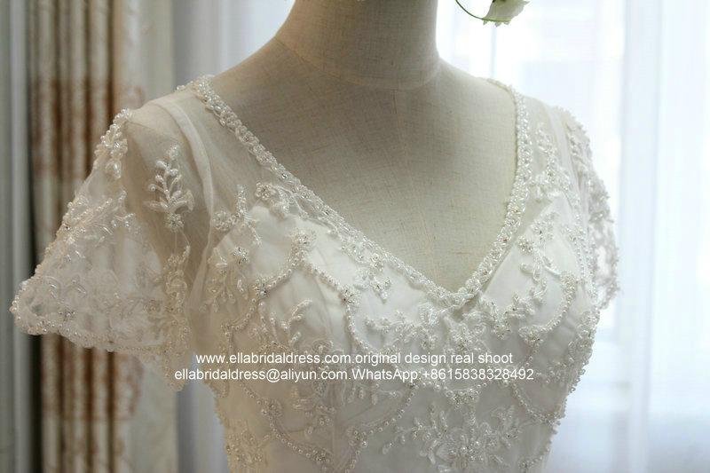 New A Line Heavy Beaded Lace V Neck Wedding Dress Short Sleeved G250 3
