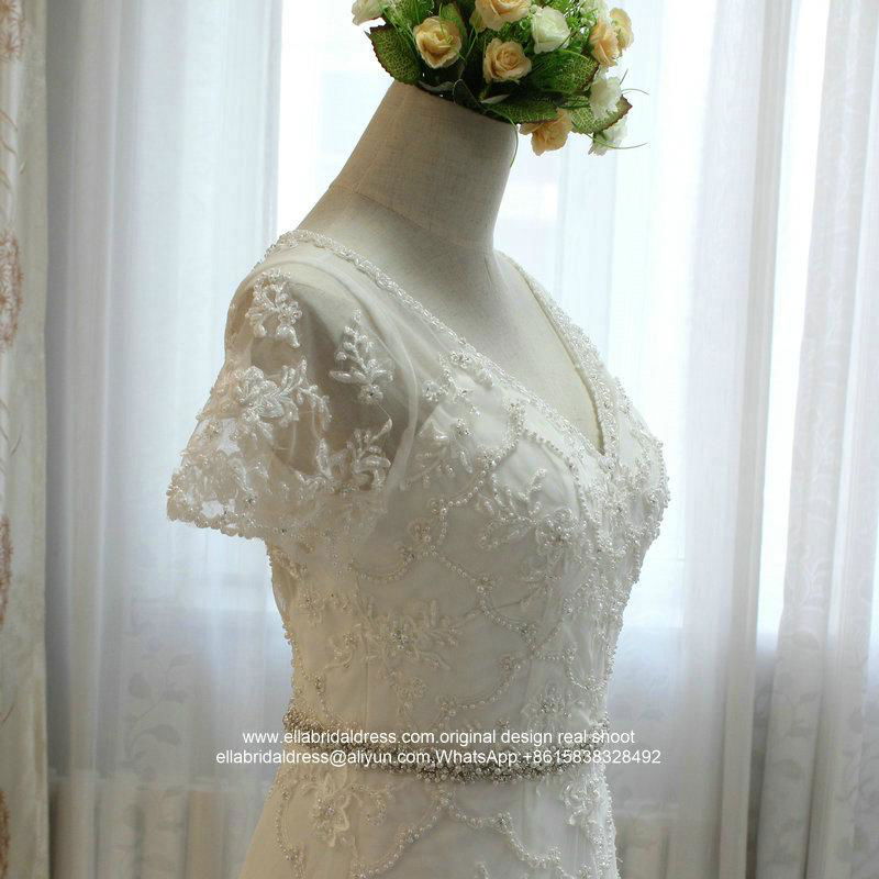 New A Line Heavy Beaded Lace V Neck Wedding Dress Short Sleeved G250 2