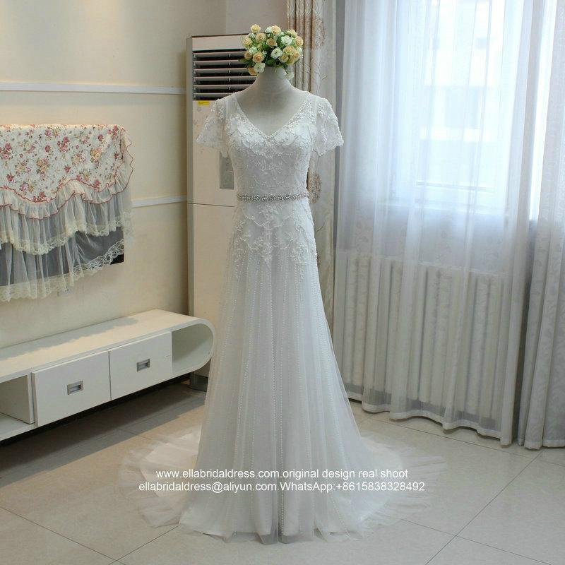 New A Line Heavy Beaded Lace V Neck Wedding Dress Short Sleeved G250