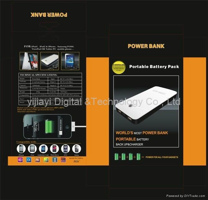  12000mAh Portable Mobile Power Bank with 2 USB output and LED torch  3