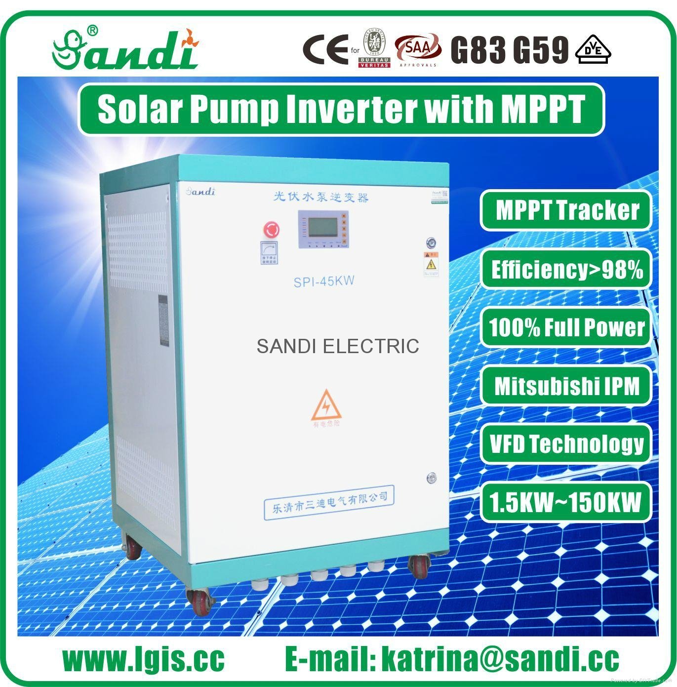 45KW three phase 380V solar pumping inverter with wide MPPT 450~850VDC