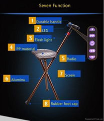 Fashionable Folding FM Radio and LED Light Walking Crutch with Seat