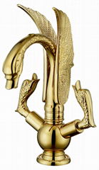 Gold bathroom basin Vessel sink swan mixer tall faucet crystal double handles