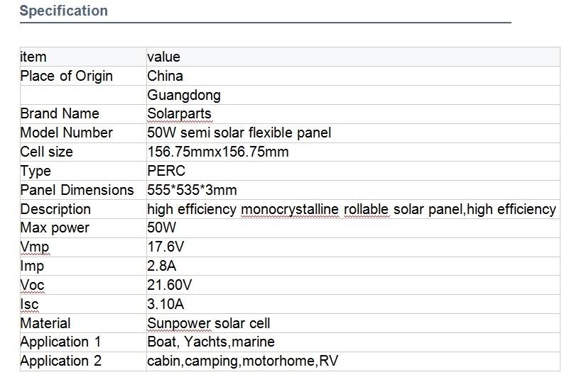 18V 50W Semi-Flexible Solar Panel For Boat Camping And Battery Charging 3