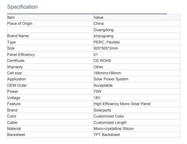 18v 75w High Efficiency Mono Flexible Solar Panel 925*505*2mm for Marine  4
