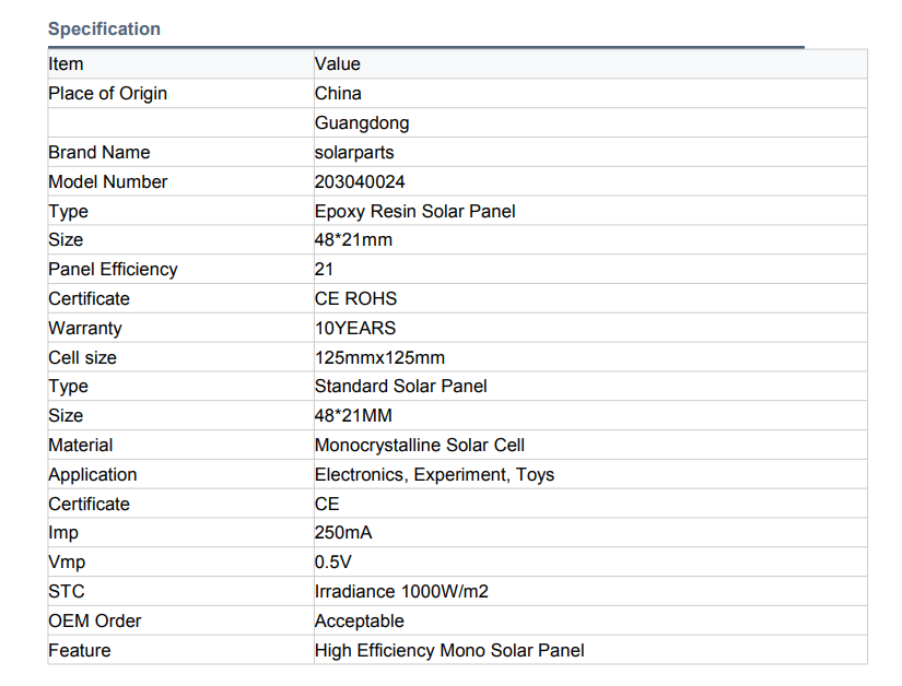 0.5V 250MA Epoxy Resin Solar Panell 48 * 21* 3mm 3