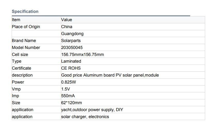 1.5V 550mA Epoxy Resin Solar Panel 62*120mm 2