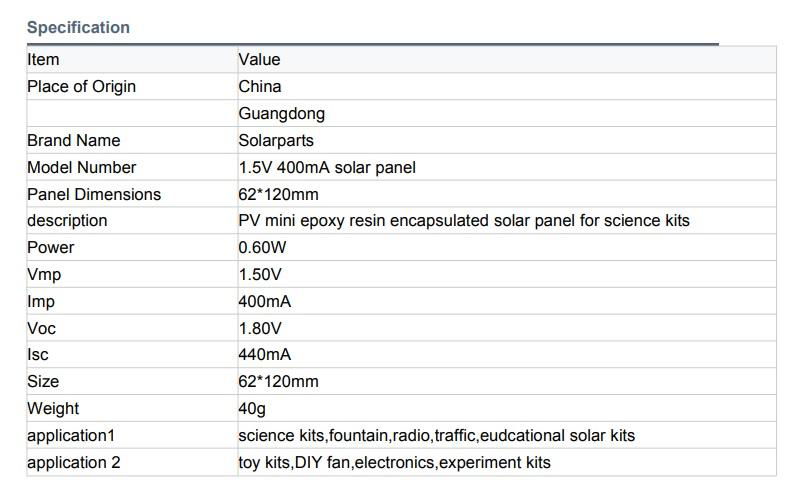 1.5V 400mA Epoxy Resin Solar Panel 62*120*3mm 4