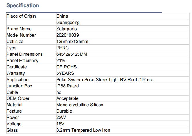 18V 23W 645*295*25MM  Monocrystalline Glass Solar Panel With Junction Box    5