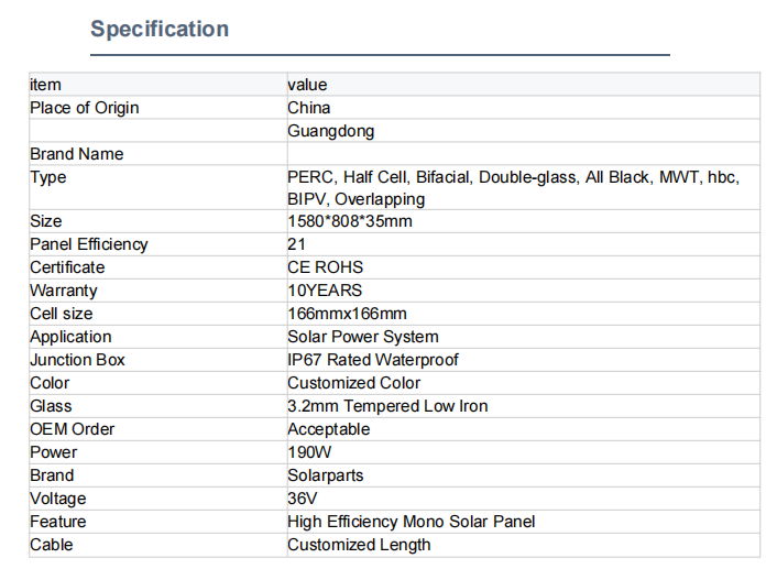 36V/190W 1580*808*35mm Mono Tempered Glass Solar Panel with Junction Box 5