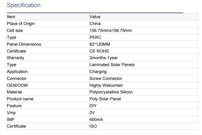 2V/400MA 0.8W  PET Solar Pane   60x 120 x 3 mm 3