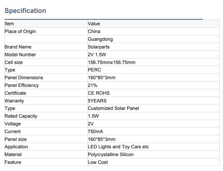 2V 1.5W  PET Solar Panel 160X85X3mm 2