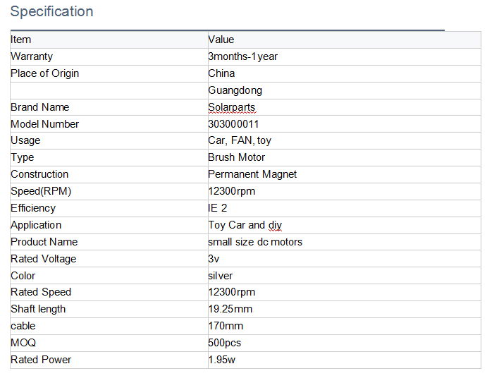 300-170 Small Size DC Motors 3.0V 12300 + / - 10% RPM Connected 170mm Standard R 4