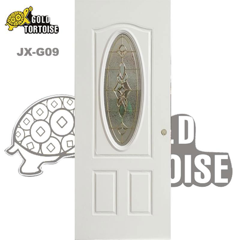 Wooden edge steel panel door with 3Panel small oval glass door