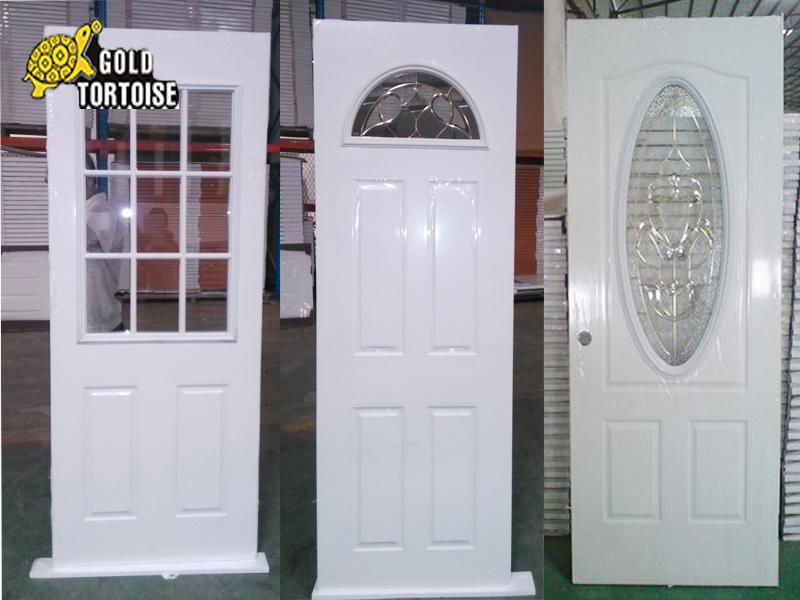 Wooden edge steel panel door with 3Panel small oval glass door 4