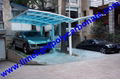 Double aluminium carport with white frame and blue polycarbonate solid roofing 2