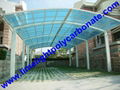 Double aluminium carport with white frame and blue polycarbonate solid roofing