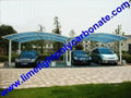 Double aluminium carport with white frame and blue polycarbonate solid roofing 10