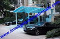 Double aluminium carport with white frame and blue polycarbonate solid roofing