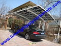 Double aluminium carport with white frame and blue polycarbonate solid roofing