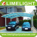 Double aluminium carport with white frame and blue polycarbonate solid roofing